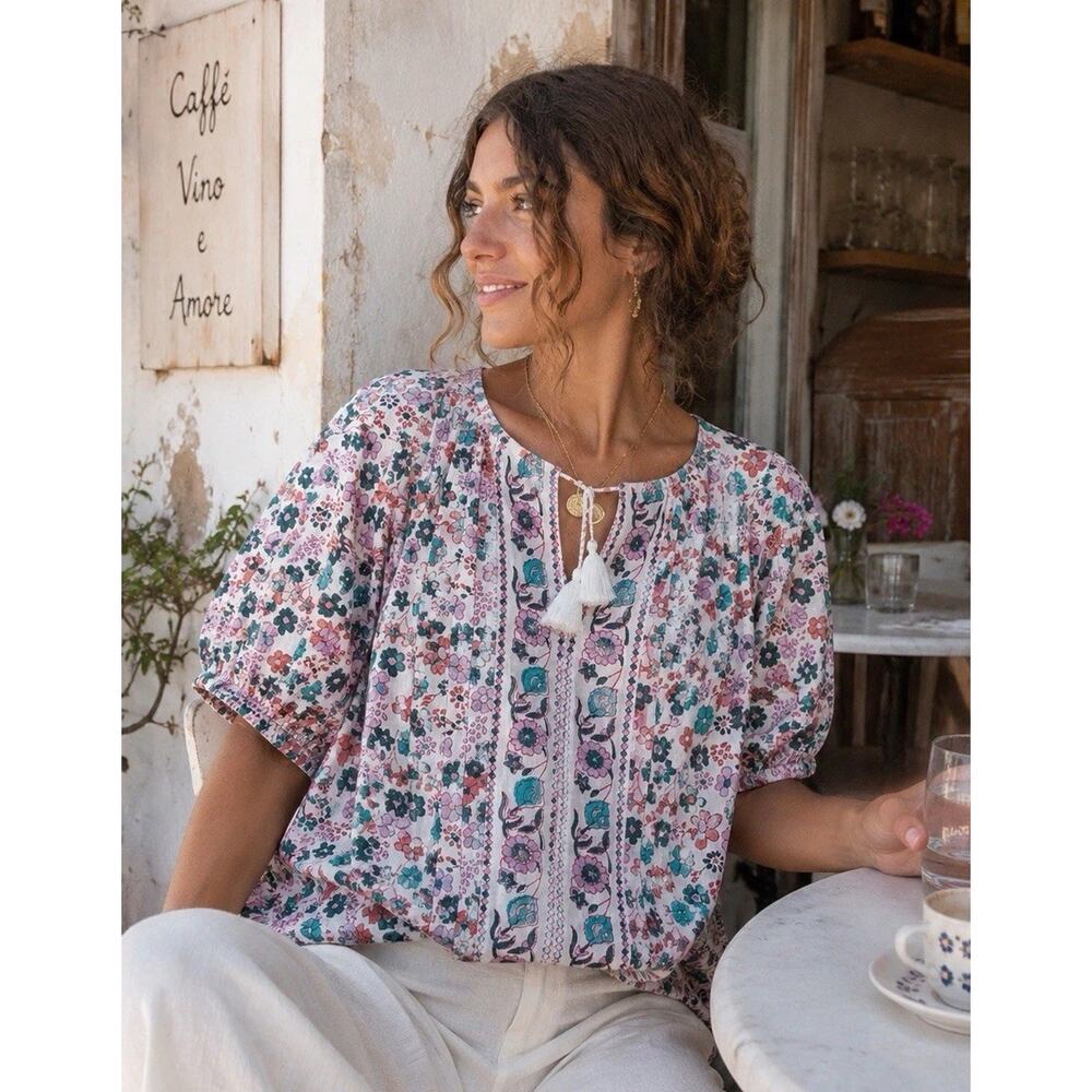 Cleobella Floral Organic Cotton Boho Top XL Tassel Tie Puff Sleeve Cottagecore